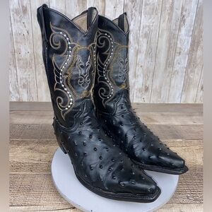 El Mexicano Women’s Cowboy Boots Black Ostrich Embroidered Leather Size 7.5 B